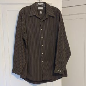 Brown And Blue Striped Button Down Cotton Shirt 34/35 Large Y2K